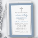 Convites Elegante Dusty Blue Silver Primeira Comunhão Santa<br><div class="desc">O moderno Elegante Dusty Blue e Silver Primeiro Convite à Comunhão com Cruz.</div>
