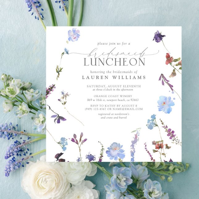 Convites Elegante Dusty Blue Wildflower Bridesmaid Luncheon (Criador carregado)