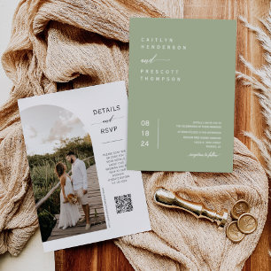 Convites Elegante Dusty Green Boho Foto QR Code Casamento I