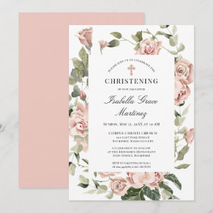 Convites Elegante Dusty Pink Floral Cross Christening