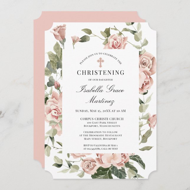 Convites Elegante Dusty Pink Floral Cross Christening (Frente/Verso)