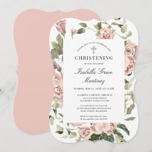 Convites Elegante Dusty Pink Floral Cross Christening