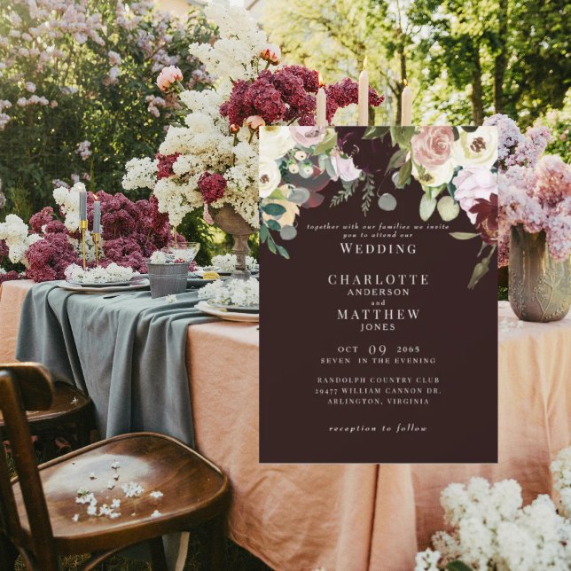 Convites Elegante Dusty Rosa e Burgundy Sem Casamento de Pa (Criador carregado)