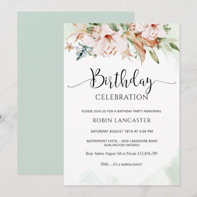 Convites  Elegante Dusty Rosa e Green Floral Birday (Frente/Verso)