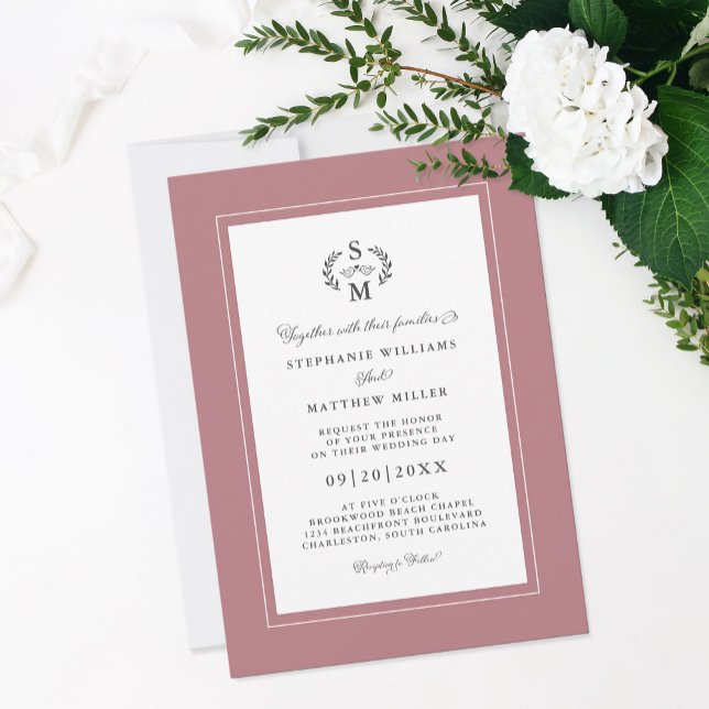 Convites Elegante Dusty Rosa inicia casamento com caligrafi (Elegant Dusty Rose Initials Calligraphy Wedding Invitation)