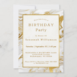 Convites Elegante e Dourada Branca Faux Marble Birthday