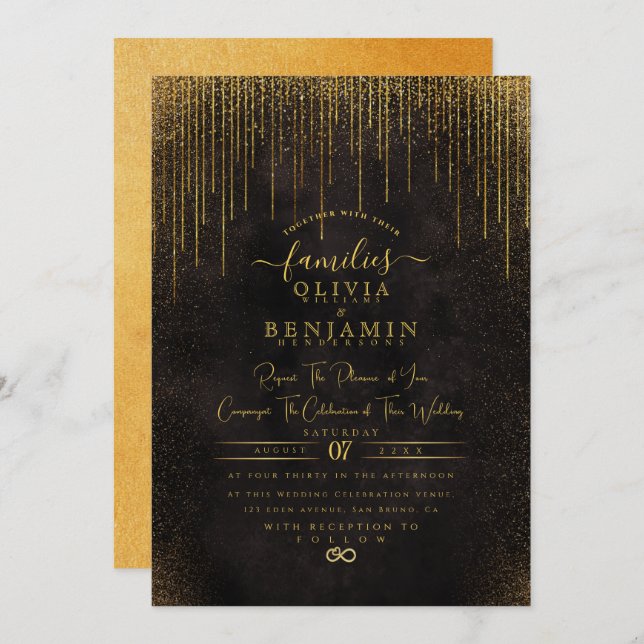 Convites Elegante E Glitter Dourado Foil Chic Wedding Inv (Frente/Verso)