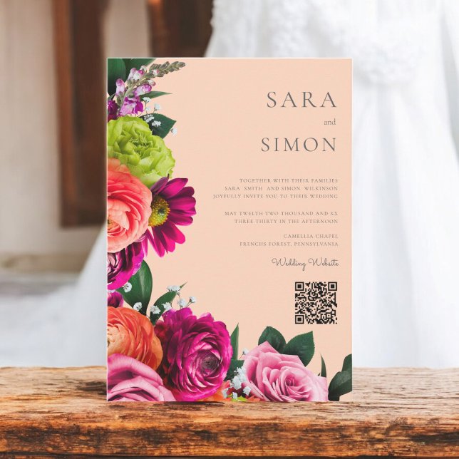 Convites elegante e moderno código QR noiva de pêssego flor (modern wedding invitation with vibrant florals on a peach background)