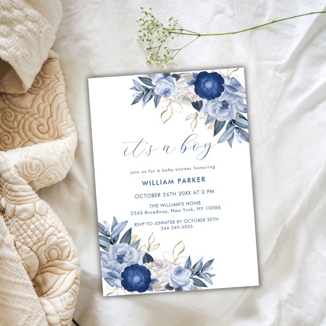 Convites Elegante É um Chá de fraldas Floral Branco Azul (Elegant It's A Boy Blue White Floral Baby Shower Invitation)
