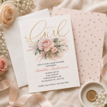 Elegante "É uma Menina" Aquarela Rosa e Dourado