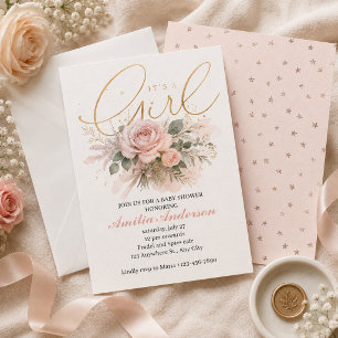 Convites Elegante "É uma Menina" Aquarela Rosa e Dourado