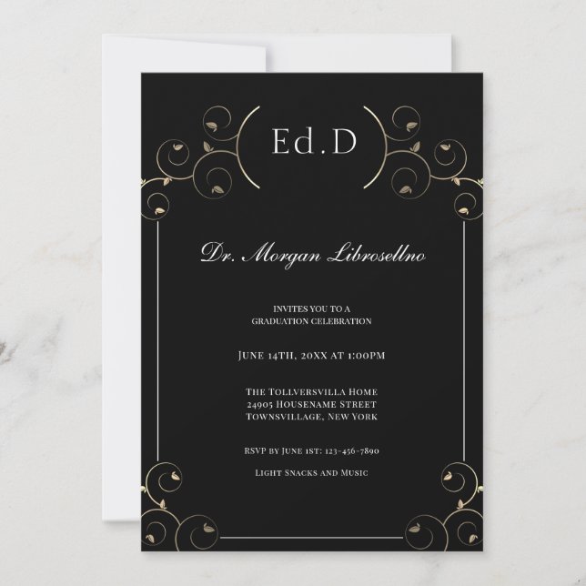 Convites Elegante Ed.D Graduação Dourada em Preto (Frente)