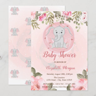 Convites Elegante Elefante Bebê Menina, Chá de Bebê Floral
