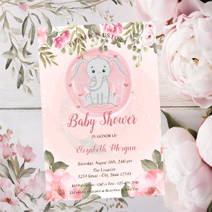 Convites Elegante Elefante Bebê Menina, Chá de Bebê Floral
