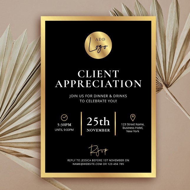 Convites Elegante Elegant Black Dourado Logo Client Appreci (Elegant black and faux gold business  (client, staff or donor) appreciation event invitation)