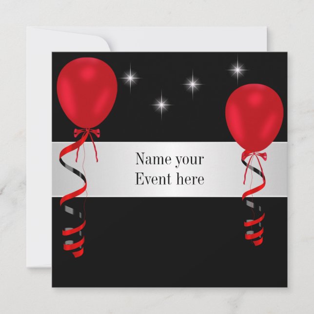 Convites Elegante Elegante Black Red Balloons - Evento Espe (Frente)