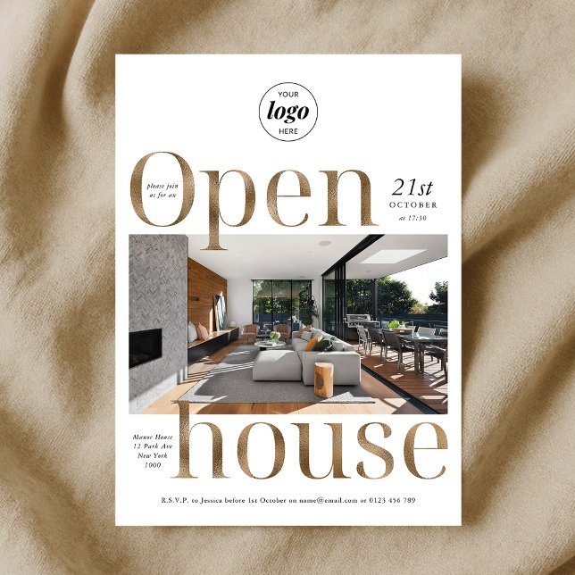 Convites Elegante, Elegante, Open House Uma Foto (Elegant Gold Effect Business Open House One Photo Invitation)