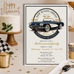 Convites Elegante Emblema Vintage Azul Festa de Aposentador