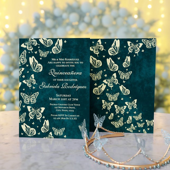 Convites Elegante Emerald Green Butterfly Dourada Quinceañe (Elegant Emerald Green Gold Butterfly Quinceañera Invitation)