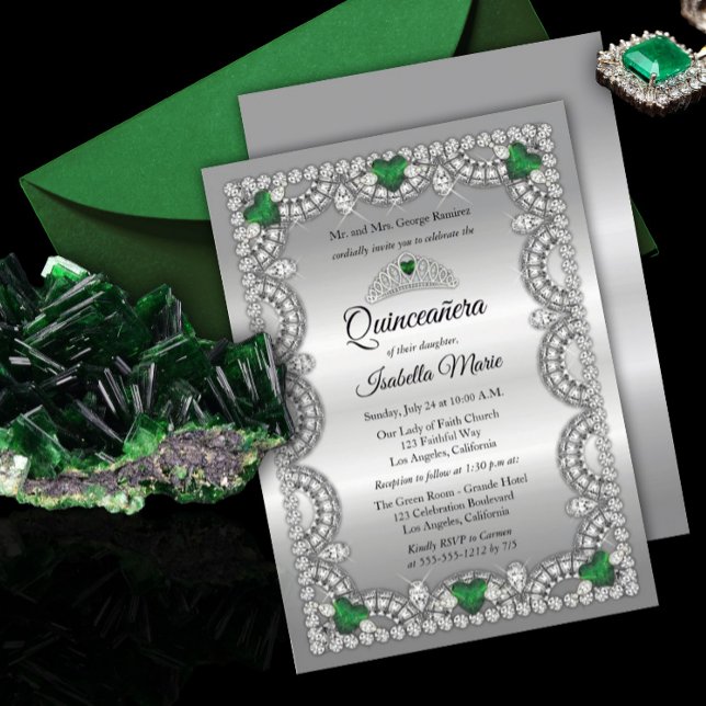 Convites Elegante Emerald Green | Diamond Crown Quinceañera (Criador carregado)
