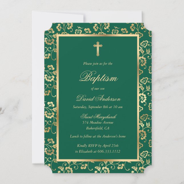 Convites Elegante Emerald Green Dourado Floral Boy Baptism (Frente)