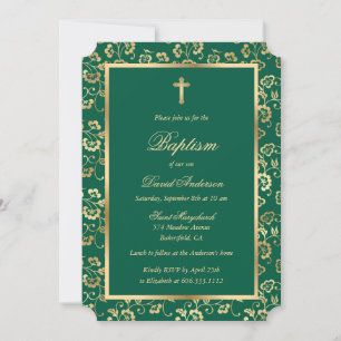 Convites Elegante Emerald Green Dourado Floral Boy Baptism