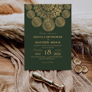 Convites Elegante Emerald Green Dourado Ornamentado Mandala