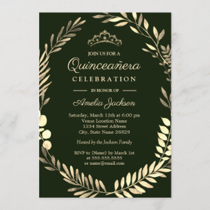 Convites Elegante Emerald Green Dourado Wreath Quinceanera