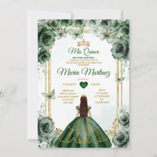 Convites Elegante Emerald Green e Dourada Mis Quince Sweet 