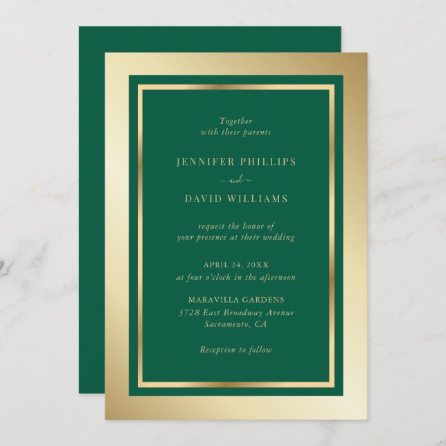 Convites Elegante Emerald Green e Dourado Casamento (Frente/Verso)