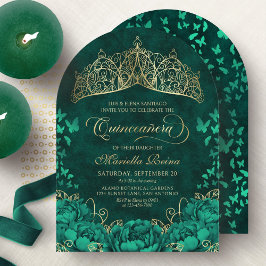 Convites Elegante Emerald Green Princess Crown Quinceanera