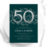 Convites Elegante Emerald Green Silver 50º aniversário<br><div class="desc">Elegante esmeralda verde prata 50º convite de aniversário. Design feminina moderna personalizável,  com sotaques botânicos rosas e prata brilhante fraca. Simples cartão de convite floral perfeito para uma comemoração de um na moda. Personalize com seus próprios detalhes. Impressos convites Zazzle ou modelo de impressão digital instantânea para download.</div>