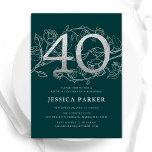 Convites Elegante Emerald Green Silver aniversário de 40 an<br><div class="desc">Convite de festas esmeralda verde aniversário de 40 anos de prata elegante. Design feminina moderna personalizável, com sotaques botânicos rosas e prata brilhante fraca. Simples cartão de convite floral perfeito para uma comemoração de um na moda. Personalize com seus próprios detalhes. Impressos convites Zazzle ou modelo de impressão digital instantânea...</div>