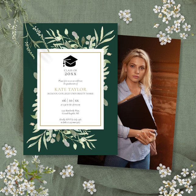 Convites Elegante Emerald Greenery Festa de formatura Fotog (Elegant Emerald Greenery Photo Graduation Party Invitation)