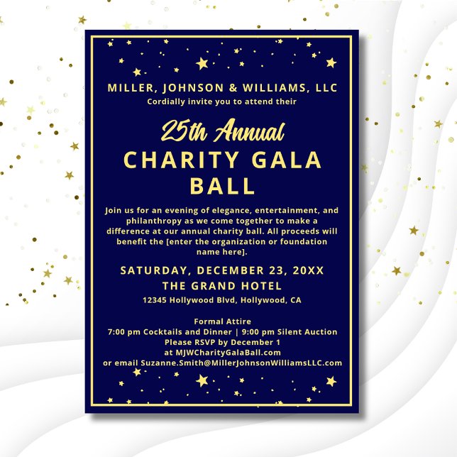 Convites Elegante Empresa Charity Gala Ball Blue Dourado (Elegant Charity Gala Ball Invitation, budget version with gold ink, dark blue background with stars.)