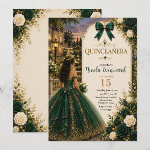 Convites Elegante Esmeralda e Dourado Quince