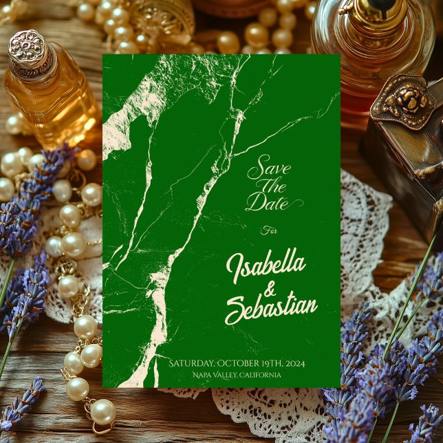 Convites Elegante Esmeralda e Mármore Champanhe Salve a Dat (Criador carregado)