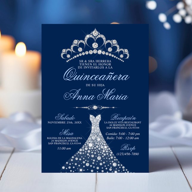 Convites Elegante Espanhol Quinceañera Mis Quince Marinho B (Elegant Spanish Quinceañera Mis Quince Navy Blue Invitation)