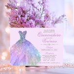 Convites Elegante Espanhol Quinceañera Mis Quince Purple<br><div class="desc">Quinceañera Mis Quince Anos. Diamante brilhante tiara / coroa e vestido / vestido. Lavanda púrpura clara com cores azuis coloridas. Fácil de editar placas de modelo. Perfeito para a festa de aniversário 15.</div>