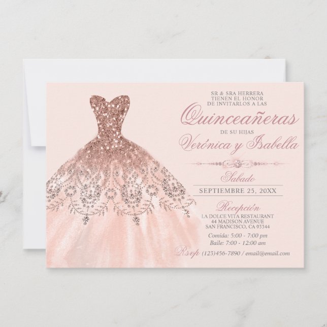 Convites Elegante Espanhol Quinceañera Quince Rosa Gêmeos R (Frente)