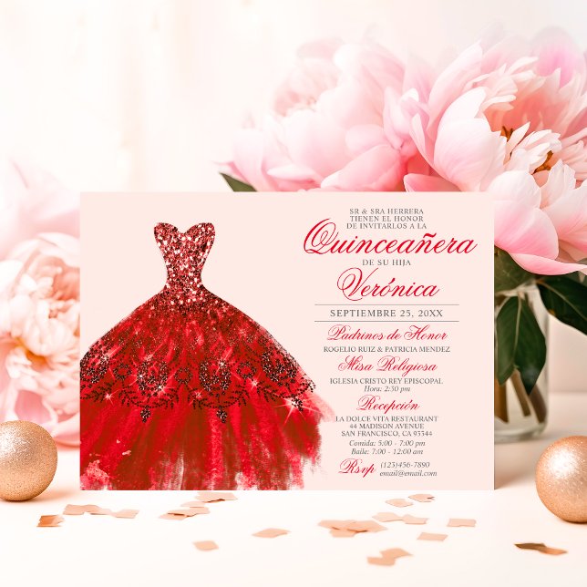Convites Elegante espanhola Quinceañera Mis Quince Rosas ve (Elegant Spanish Quinceañera Mis Quince RED roses Invitation)