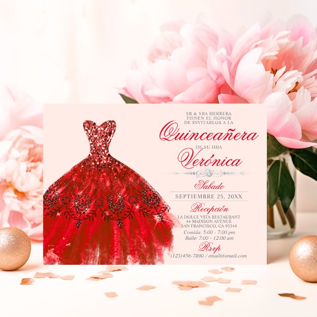 Convites Elegante espanhola Quinceañera Mis Quince Rosas ve (Elegant Spanish Quinceañera Mis Quince RED roses Invitation)