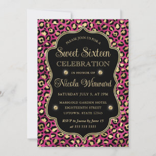 Convites Elegante Estampa de Leopardo em Ouro Rosa Sweet 16