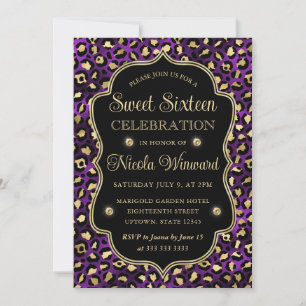 Convites Elegante Estampa de Leopardo Roxo Dourado Doce 16