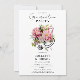 Convites Elegante Estetoscópio Floral Formatura de Enfermei