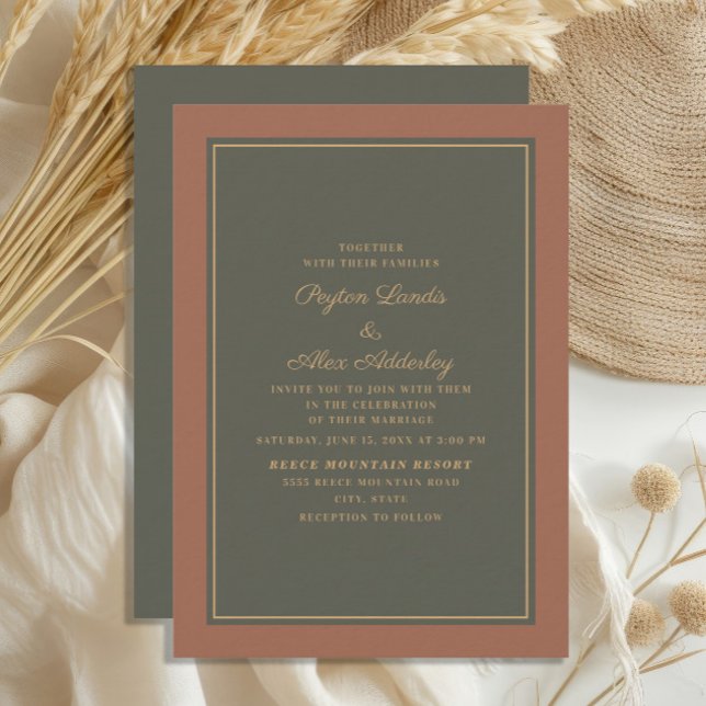 Convites Elegante Estilo Ferrugem Musgo Verde Casamento de  (Terracotta/burnt orange and dark sage/olive green wedding invitation)