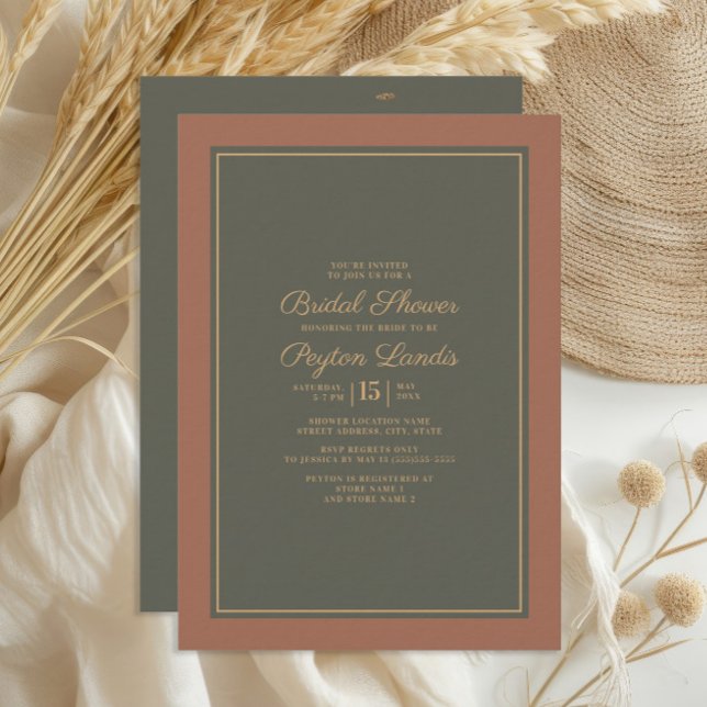 Convites Elegante Estiloso Musgo Verde Ferrugem Outono Nupc (Burnt orange/terracotta and dark sage/olive green bridal shower invitation)