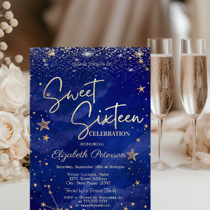 Convites Elegante Estrelas Douradas Modernas Azul Sweet 16