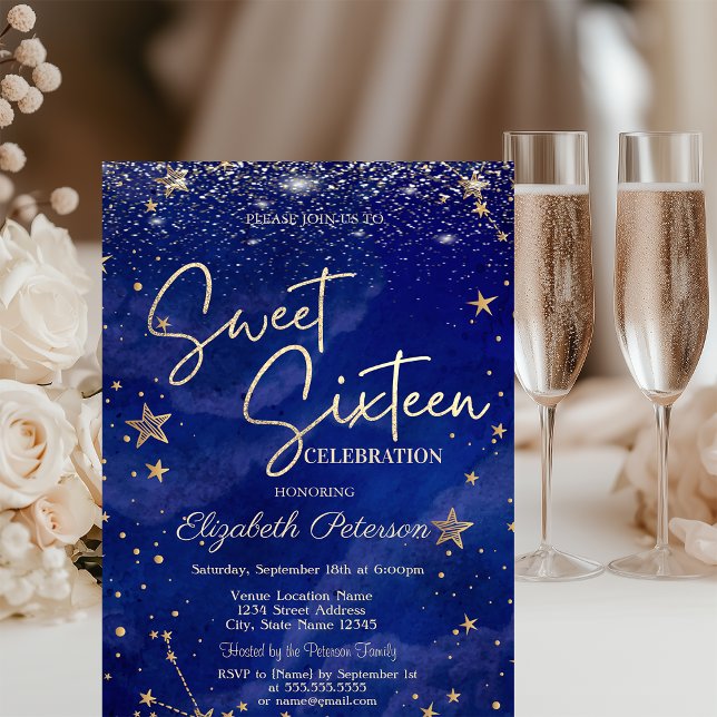 Convites Elegante Estrelas Douradas Modernas Azul Sweet 16 (Criador carregado)