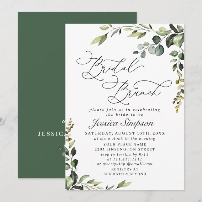 Convites Elegante Eucalipto Aquarela Café das Noivas (Frente/Verso)